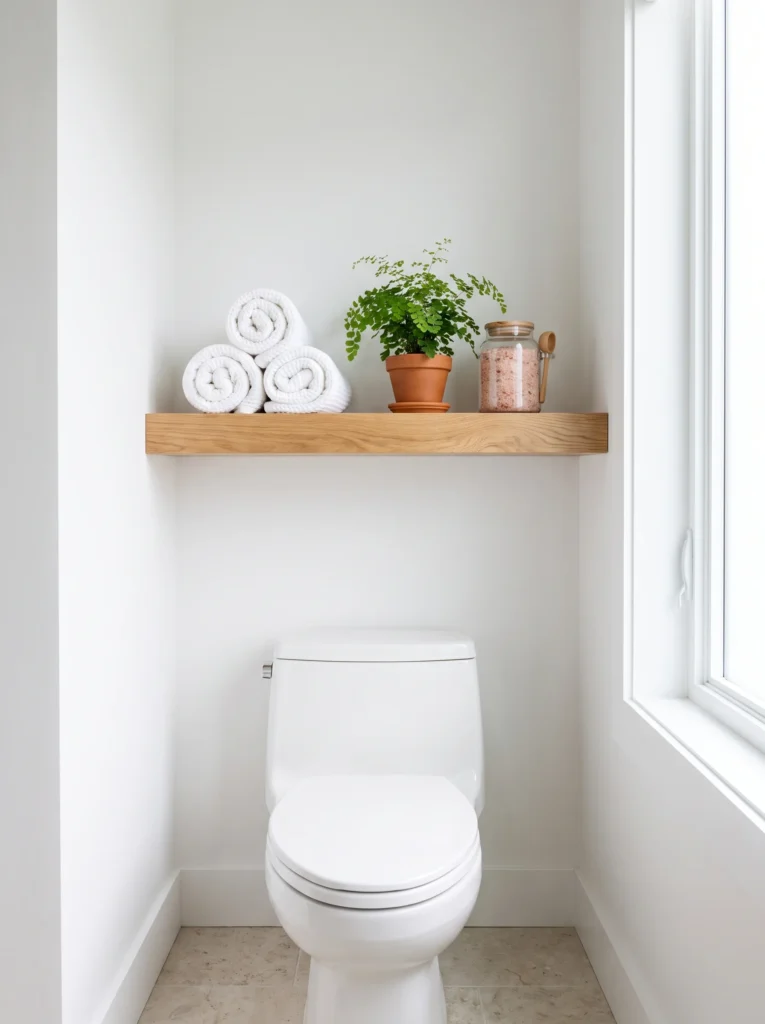 Wood floating shelf above toilet with towels and decor - budget storage idea