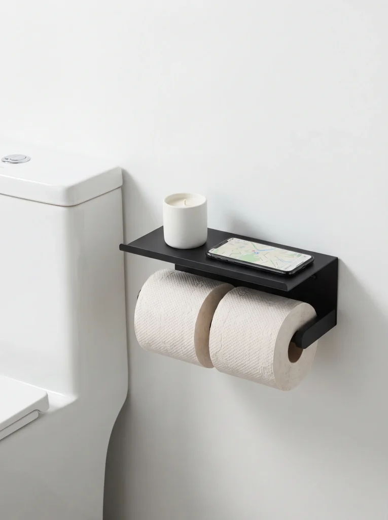 Toilet paper holder with shelf combo adding surface space - budget upgrade idea