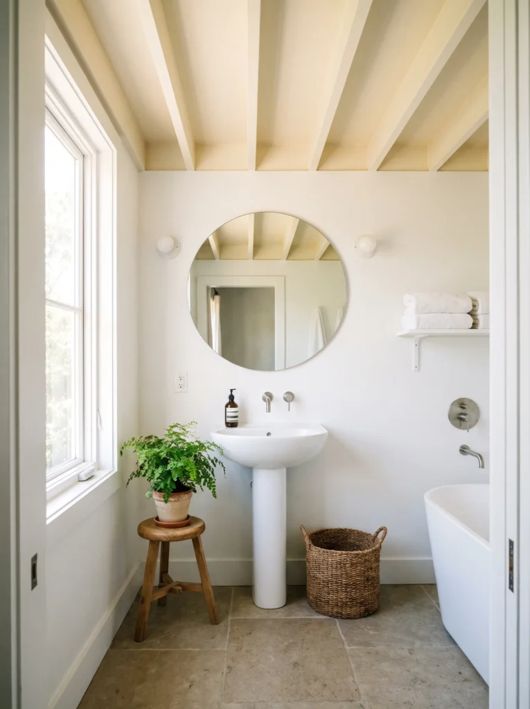 White painted bathroom ceiling making small room feel taller - budget decor idea