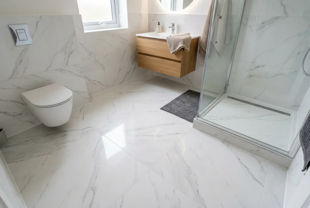 Small bathroom floor with large-format white marble-look tile