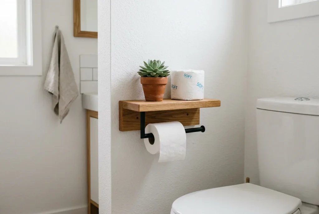 Small bathroom with toilet paper holder featuring a wooden shelf