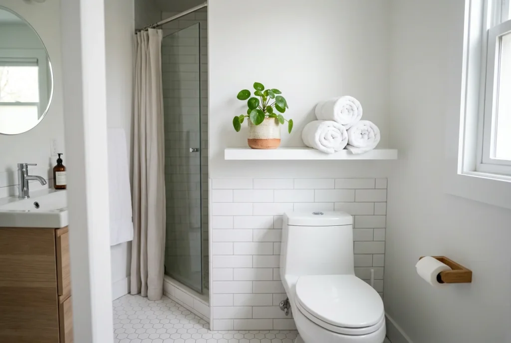 Small bathroom with a white floating shelf above the toilet holding a plant and rolled towels, modern and functional.
