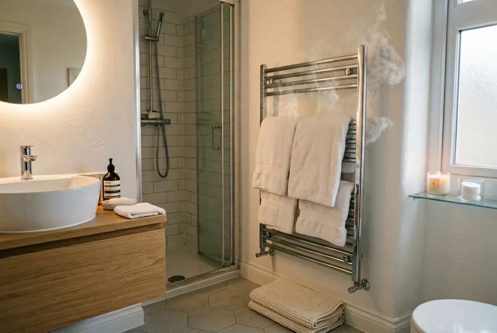 Small bathroom with wall-mounted chrome towel warmer