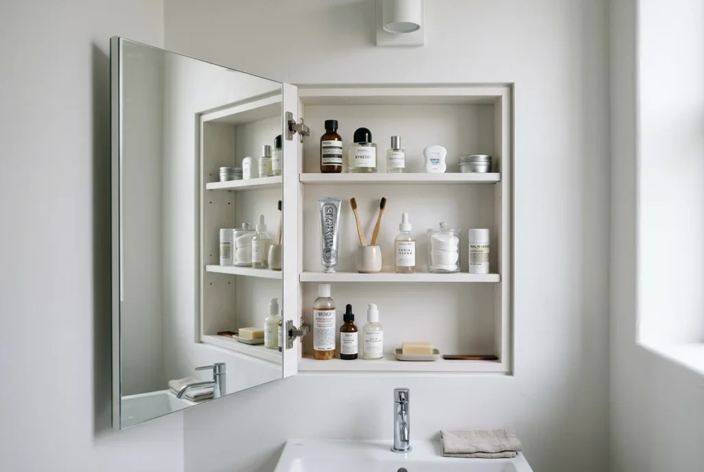 Small bathroom with recessed mirrored medicine cabinet