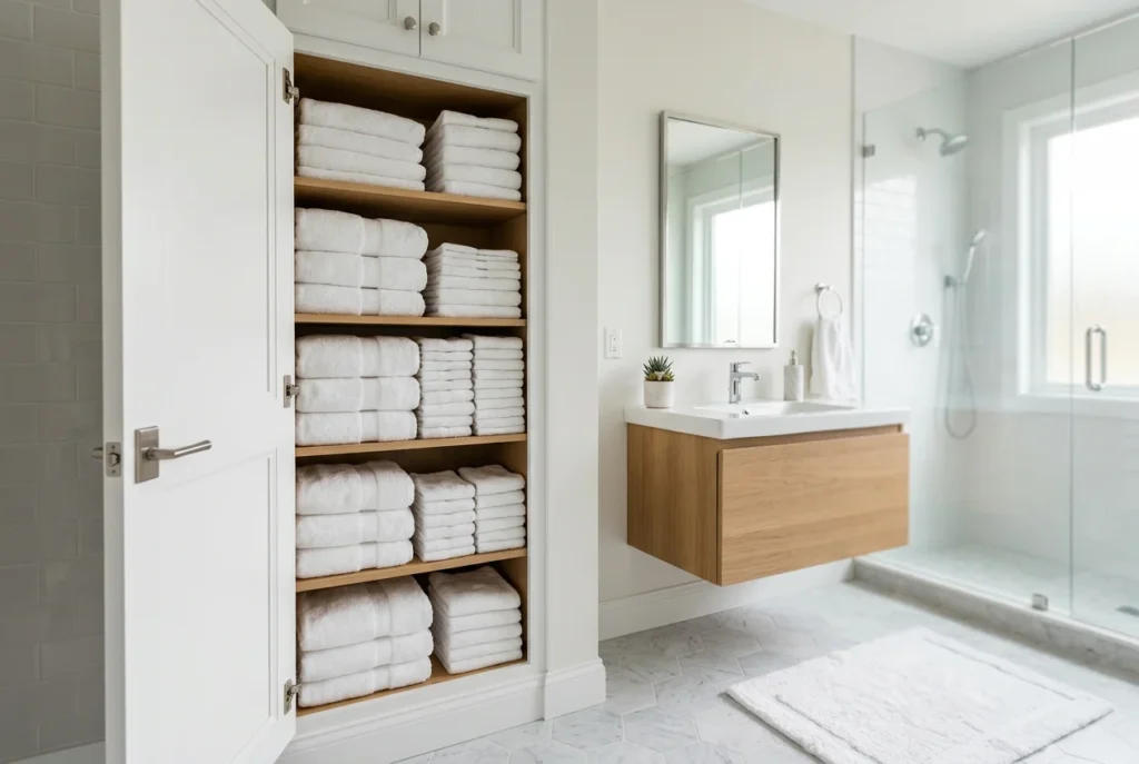 Small bathroom with a white floating shelf above the toilet holding a plant and rolled towels, modern and functional