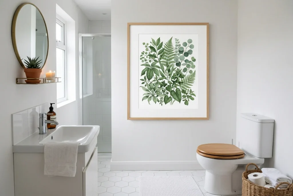 Small bathroom with large framed botanical print on main wall