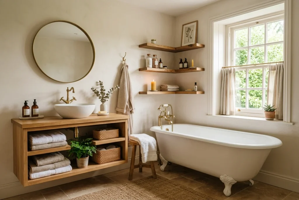 Bathroom painted in warm off-white, natural light, wood accents, cozy and inviting feel