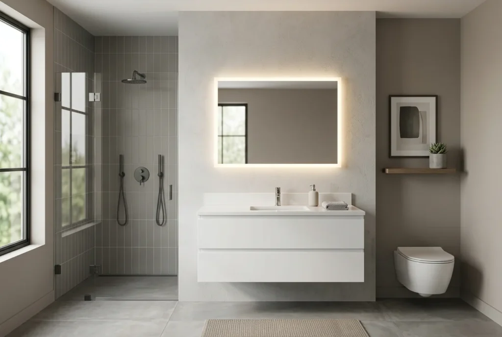Modern bathroom with rectangular backlit mirror