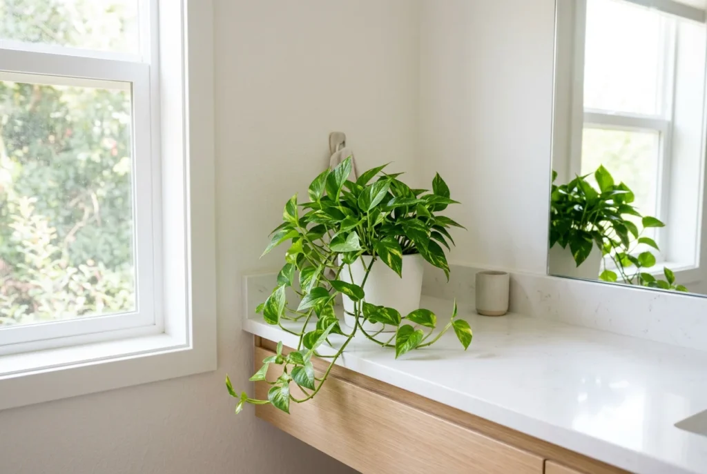 Small bathroom counter with white ceramic pot