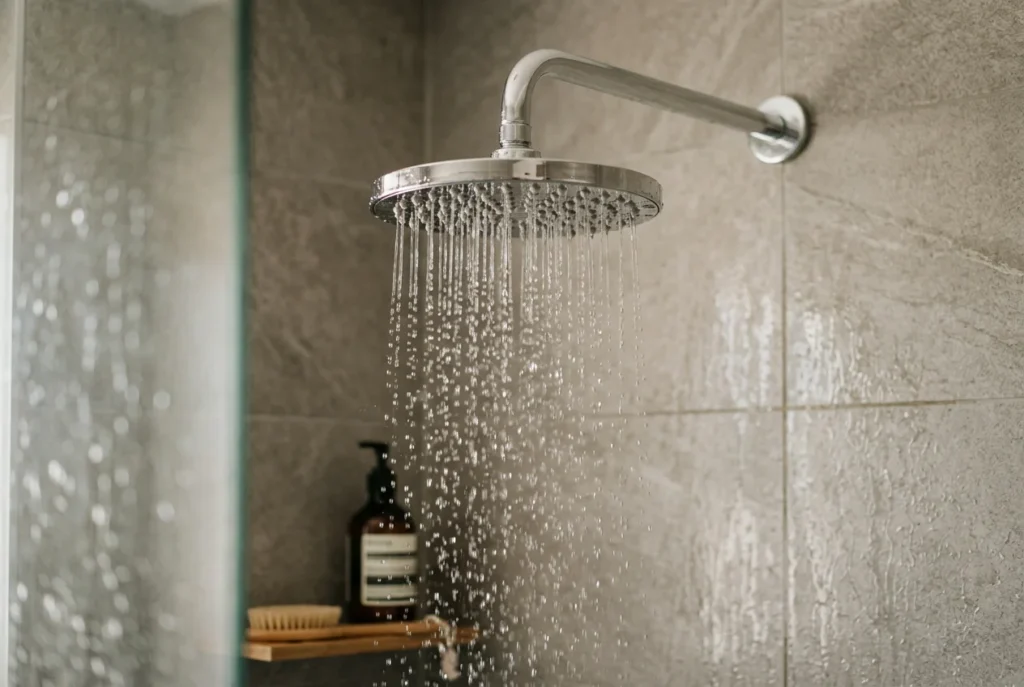 Bathroom with a round chrome rain showerhead, water streaming down, tiled wall, serene mood