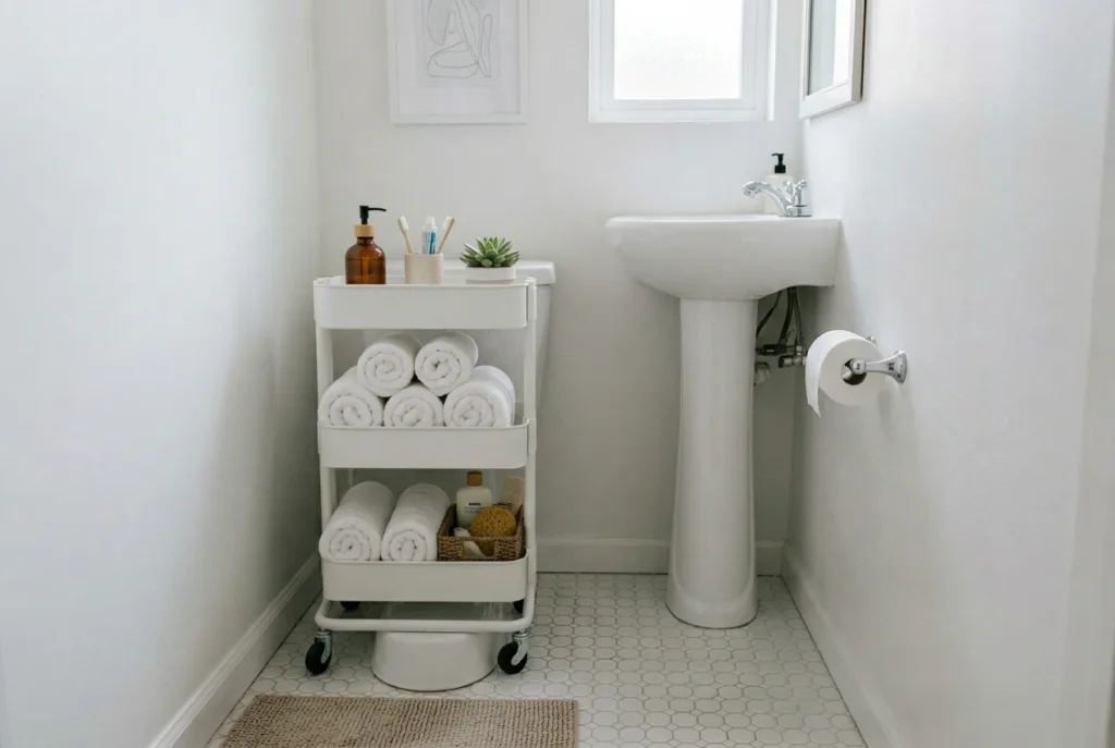 Small bathroom with narrow white rolling cart holding rolled towels
