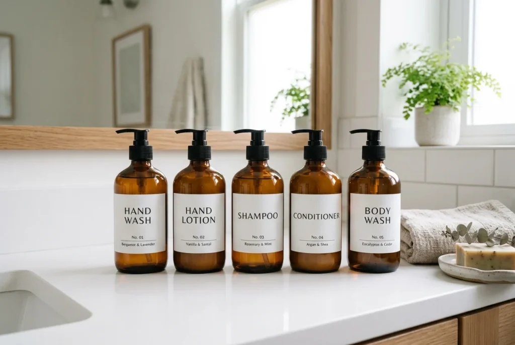 Bathroom counter with matching amber glass pump bottles