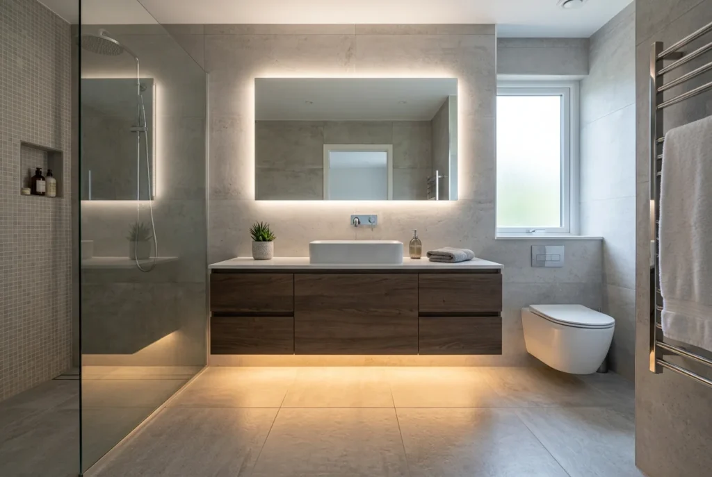 Bathroom vanity with warm LED strip lighting underneath, illuminating the floor, modern and functional