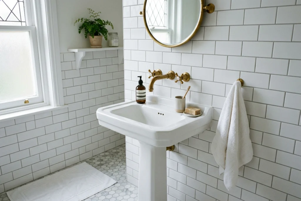 Compact bathroom with white pedestal sink