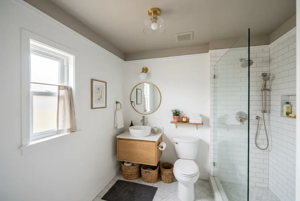 Small bathroom with ceiling painted soft greige