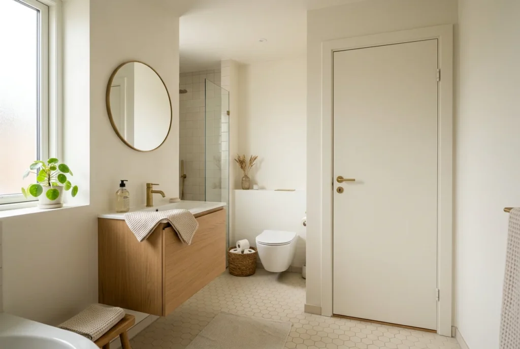 Small bathroom with door painted same warm white as walls