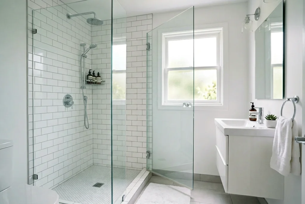 Small bathroom with frameless glass shower door