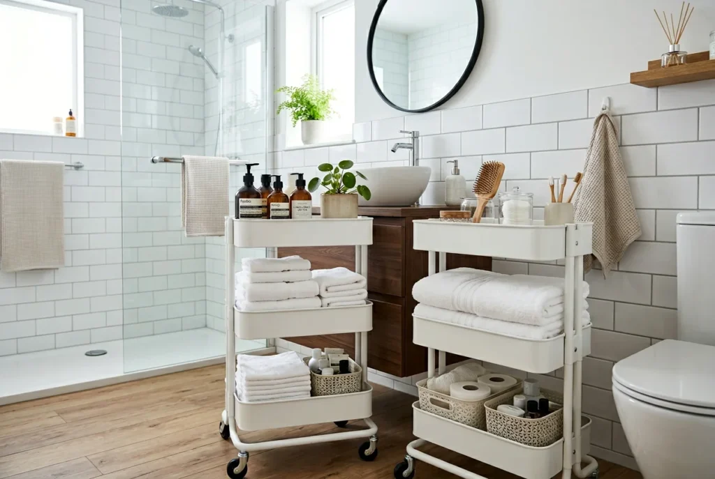 Bathroom with a white three-tier rolling cart holding towels and products, functional and space-saving.