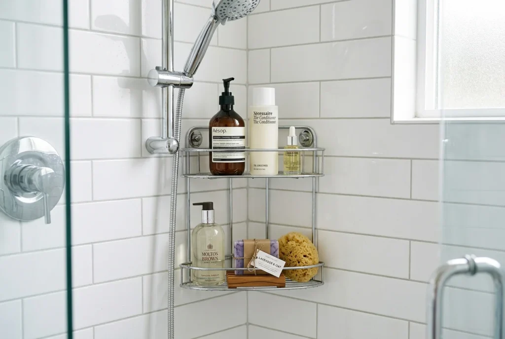 Tiled shower corner with two-tier chrome shelf holding shampoo bottles