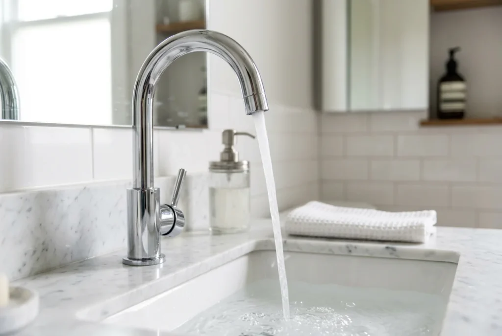 Bathroom sink with a tall chrome gooseneck faucet, water running, clean and elegant design.