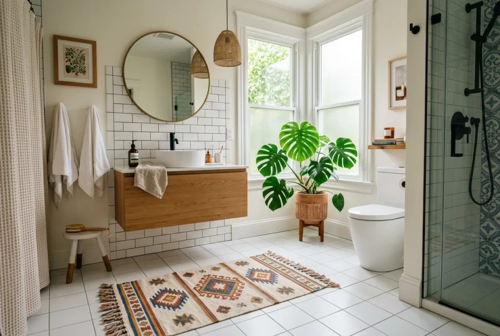  Bathroom with a patterned boho bath mat, white tile floor, plant in corner, cozy and stylish.