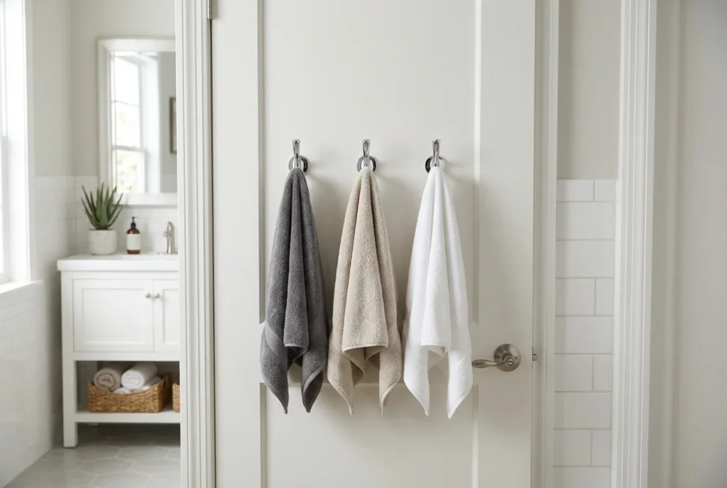 Bathroom door with three chrome hooks holding towels, organized and functional.