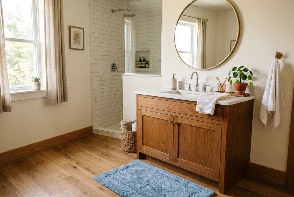 Bathroom with a small blue rug in front of a white sink, warm wood tones, cozy and inviting.