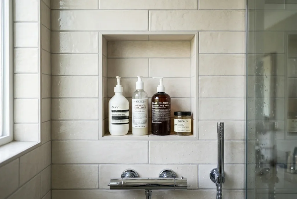 iled shower wall with a recessed niche holding shampoo bottles, clean and modern design.