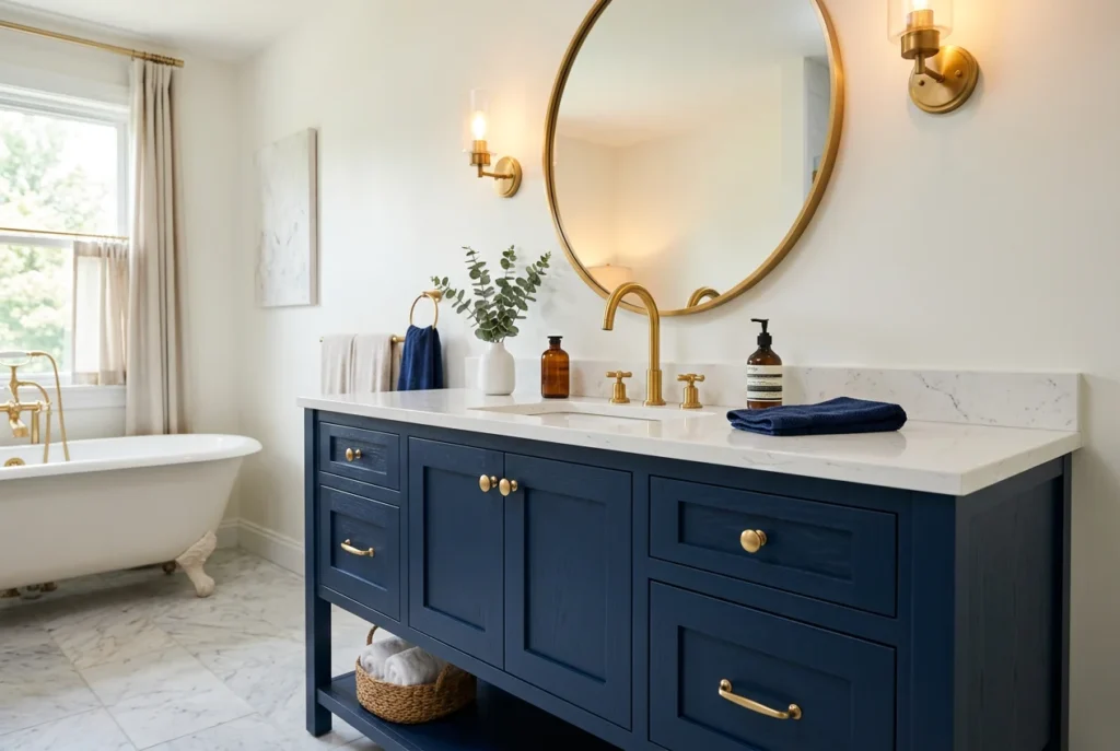 Bathroom with a navy-painted vanity, gold hardware, white countertop, dramatic and stylish.