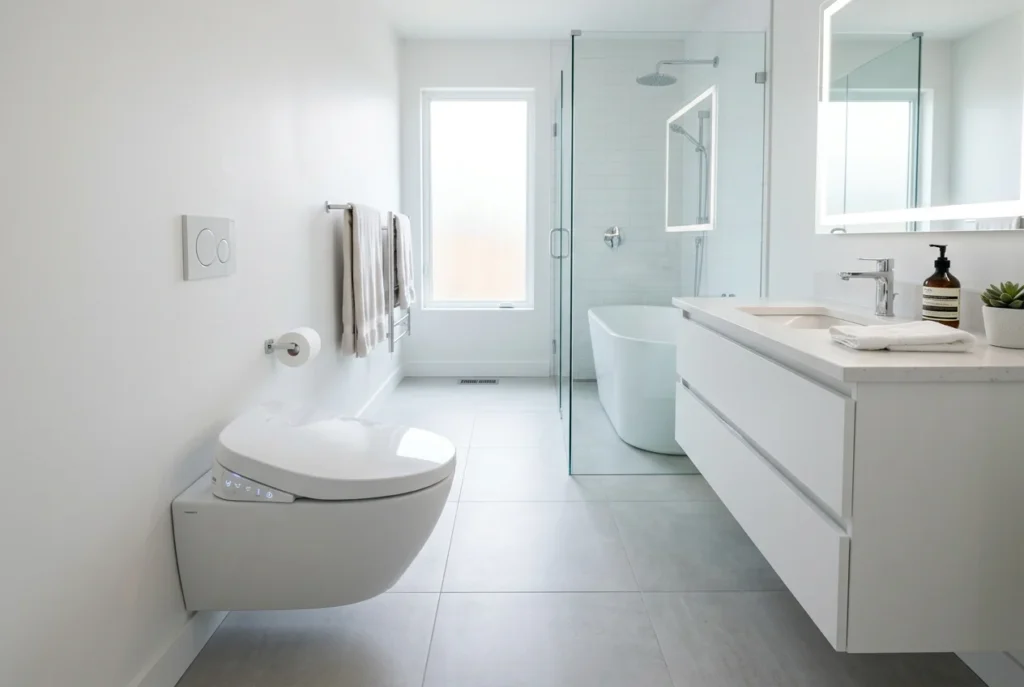 Bathroom with a navy-painted vanity, gold hardware, white countertop, dramatic and stylish.
