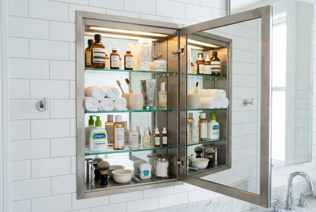 Bathroom with a recessed mirrored medicine cabinet