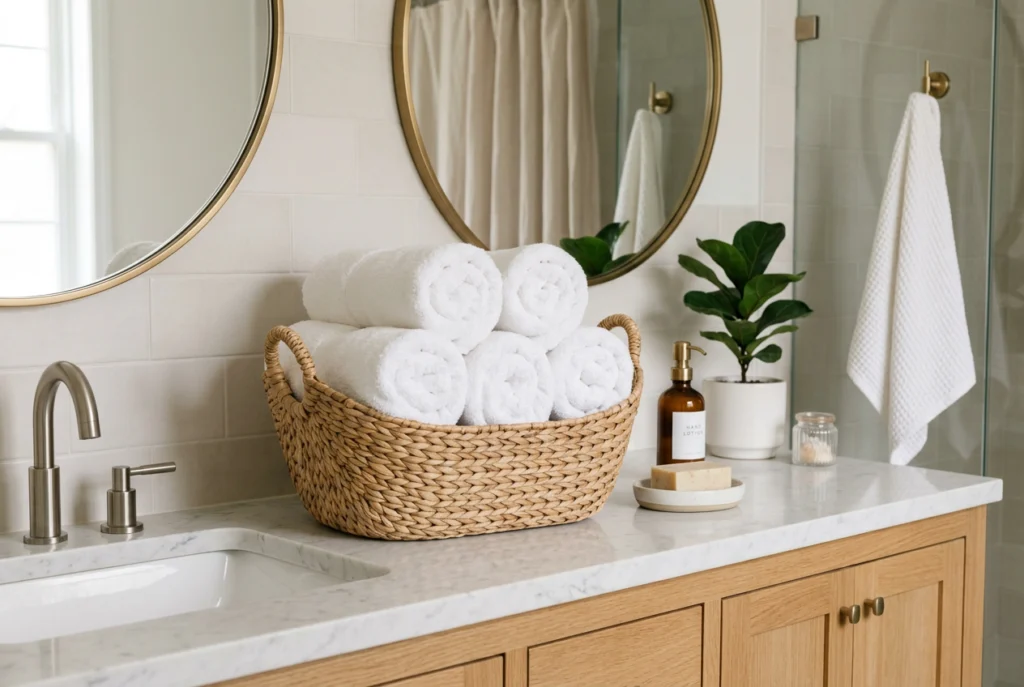 Bathroom with rolled white towels 