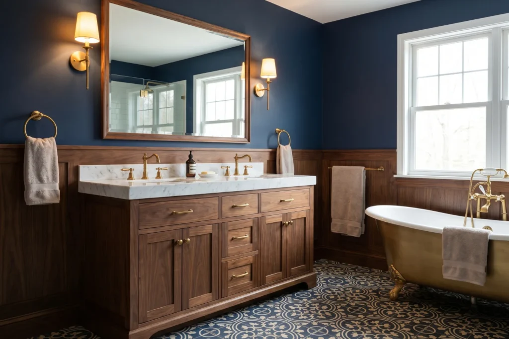 brown and blue bathroom