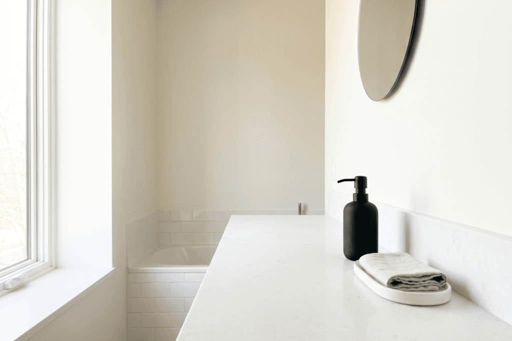 Style: minimalist bathroom with almost bare counter