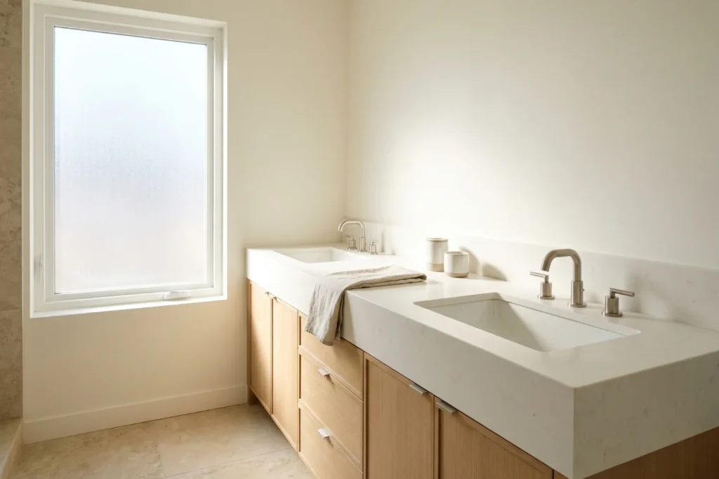 Warm white quartz bathroom countertop with matte honed finish for low-maintenance bathroom counter ideas