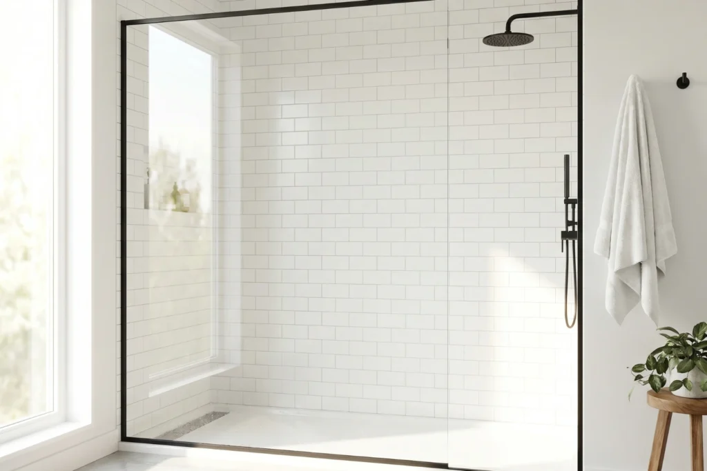 Clear frameless glass shower enclosure with black trim for open airy bathroom aesthetic