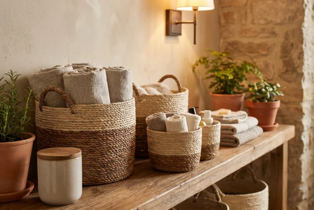 Bathroom shelf with woven seagrass baskets