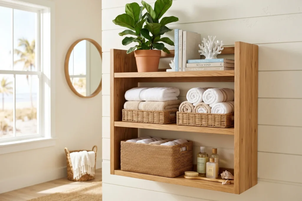 styled coastal open shelf with curated objects