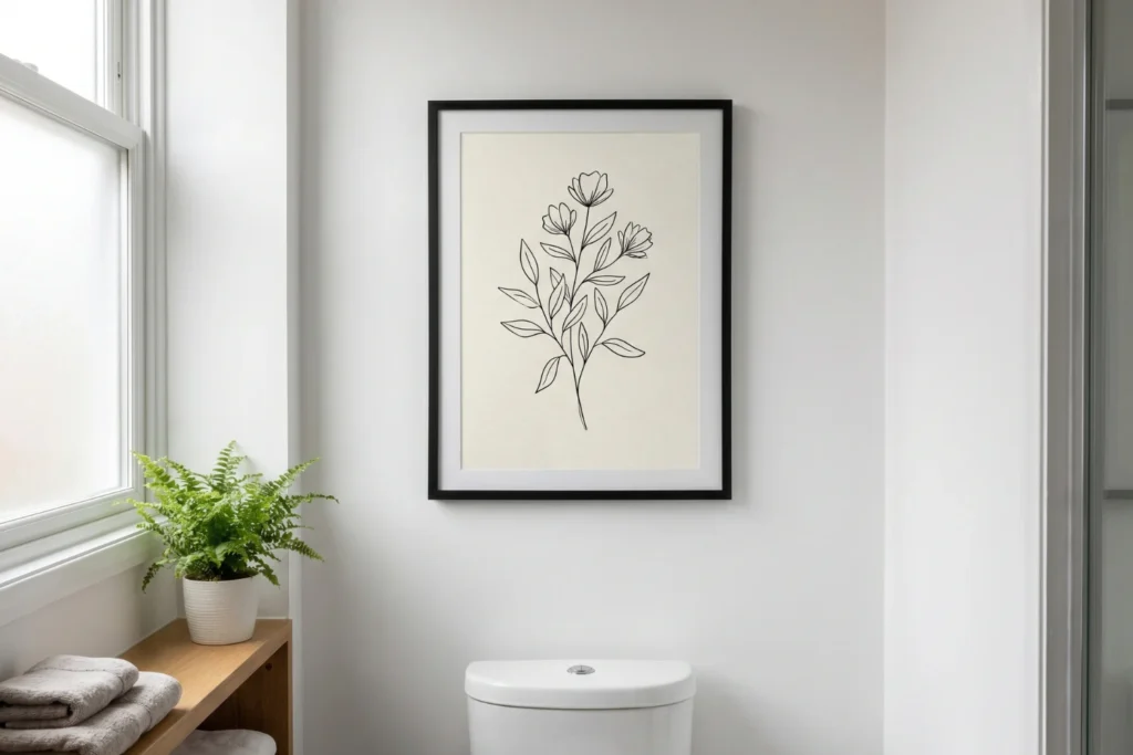 Single framed botanical line drawing on white apartment bathroom wall above toilet, matte black frame