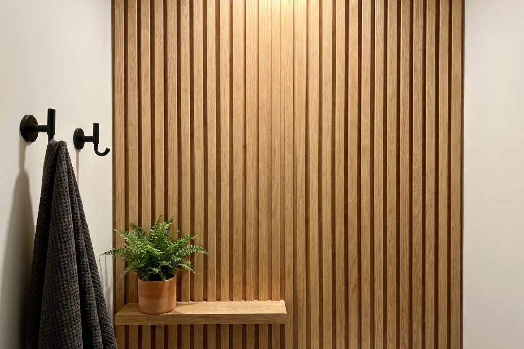 Vertical slat accent wall with two matte black towel hooks and a small floating shelf holding a potted plant