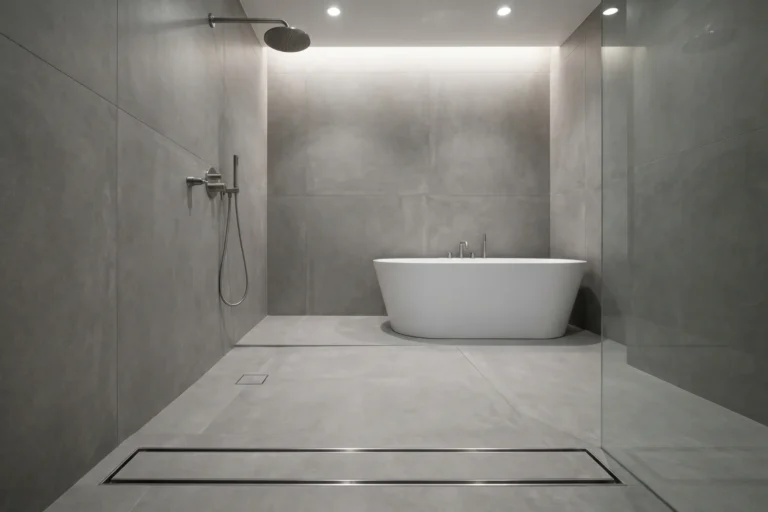 Linear drain at the threshold of a wet room tub area