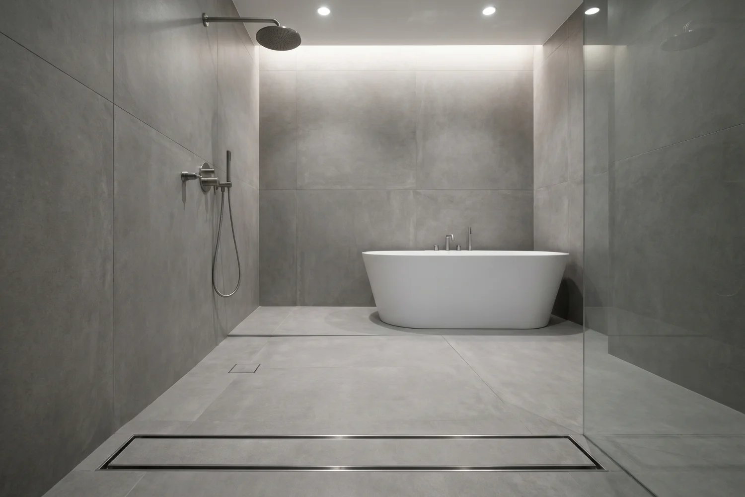 Linear drain at the threshold of a wet room tub area