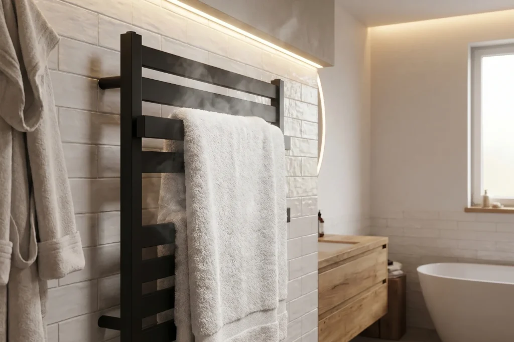 Wall-mounted heated towel rack with fluffy white towels for spa-like bathroom luxury