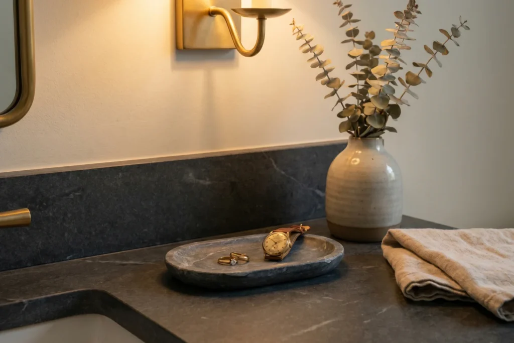 Soapstone tray on bathroom counter with ring and watch for elegant bathroom counter decor