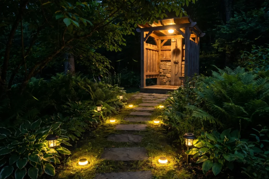 Warm motion-sensor pathway lights leading to outdoor shower for safe nighttime outdoor bathroom use