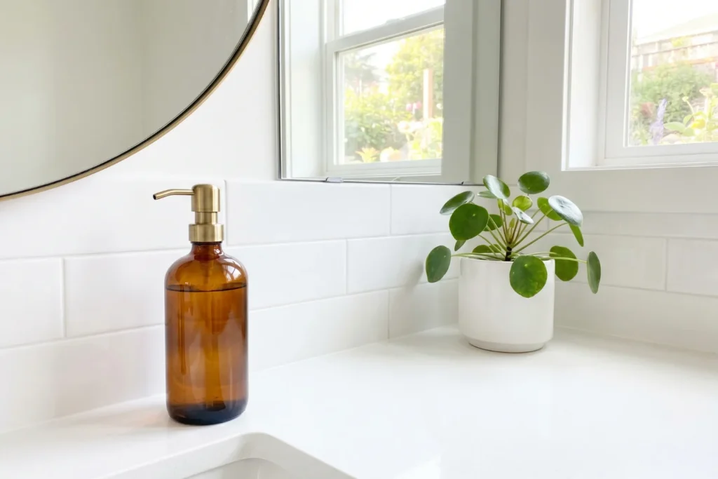 Clean reset bathroom counter with minimal items after weekly bathroom counter makeover routine