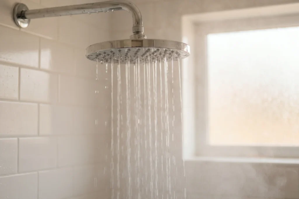 Rainfall showerhead with water streaming down in modern white bathroom for spa-like shower experience