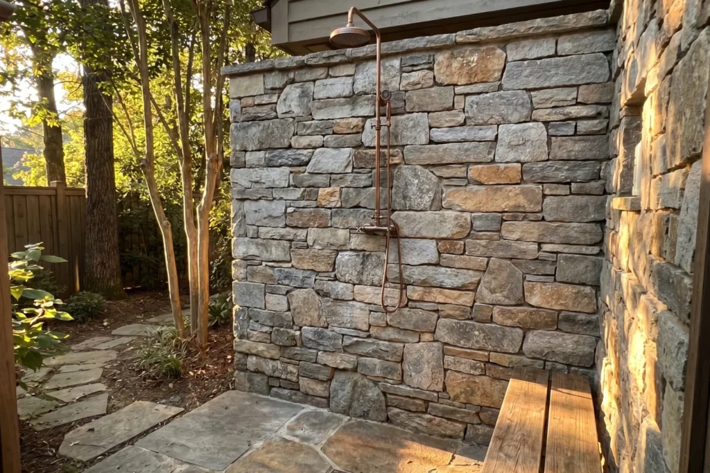 Stacked stone accent wall behind outdoor shower connecting outdoor bathroom to landscape
