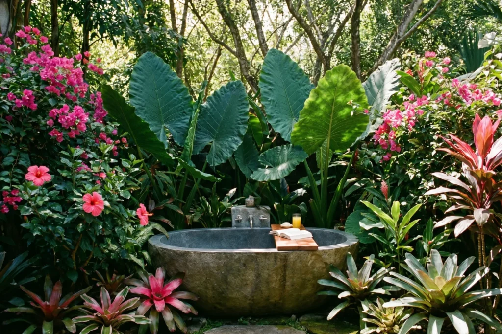 Tropical plant clusters around outdoor bathtub for resort-style outdoor bathroom privacy and atmosphere