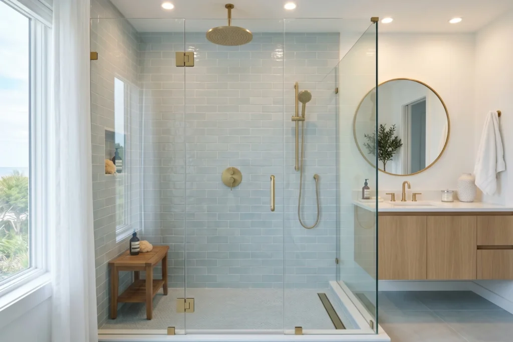 modern coastal shower with frameless glass